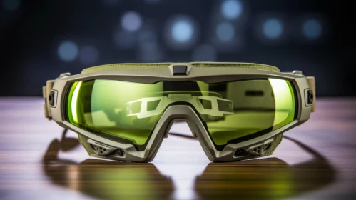 Green Military-Style Goggles on Wooden Table