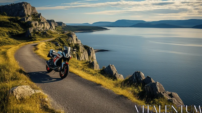 Motorcycle on Hill Road Near Majestic Mountain | Coastal Views AI Image