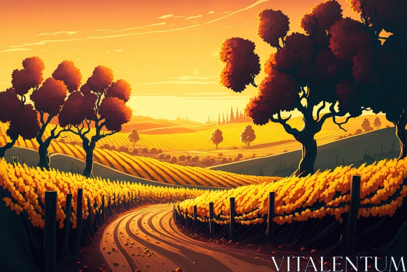 Stunning Vector Illustration of Red Fields and a Road in Sunset AI Image