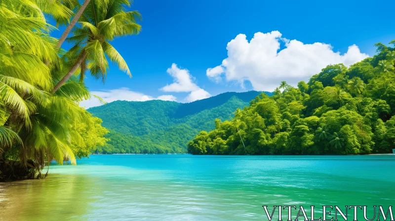 Tranquil Beach with Tropical Trees and Calm Waters AI Image