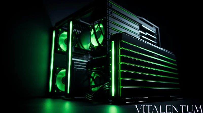 Black and Green Gaming PC Case with LED Lights AI Image