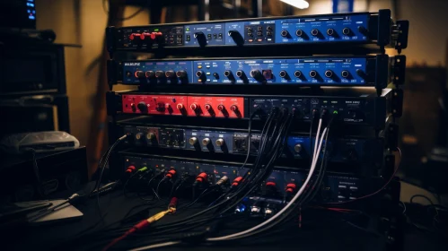 Black Audio Amplifiers Setup on Table with Cables and Laptop