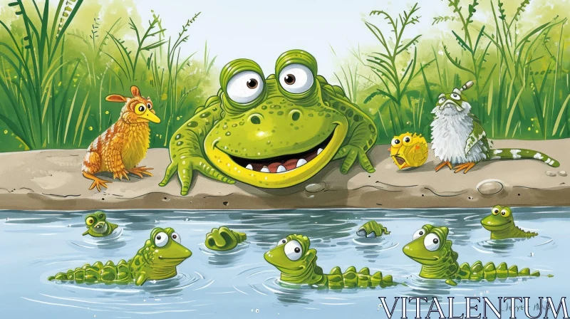 Charming Cartoon Illustration of Animals at the Pond AI Image