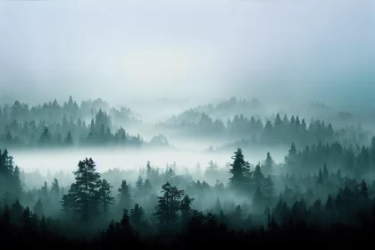 Ethereal Forest Landscape: Foggy Evening in Teal and Black