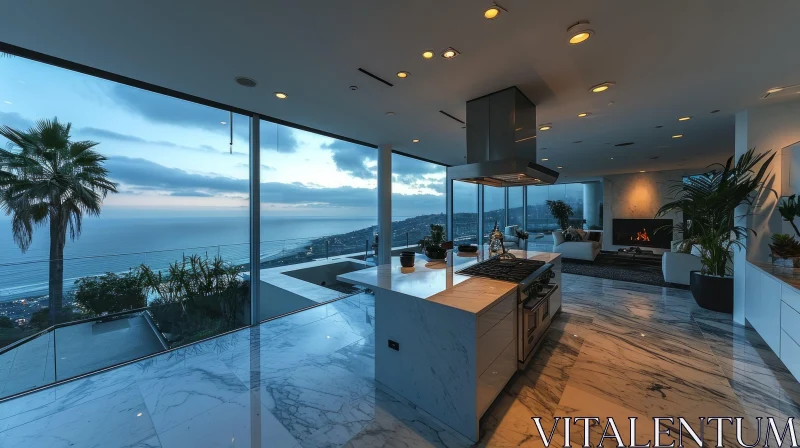Modern Kitchen with Ocean View | White Marble Floors | Stainless Steel Appliances AI Image