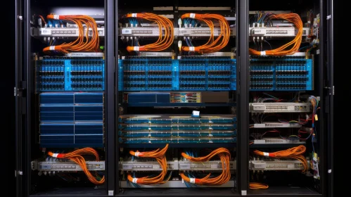 Telecommunications Server Cabinet with Orange and Blue Cables