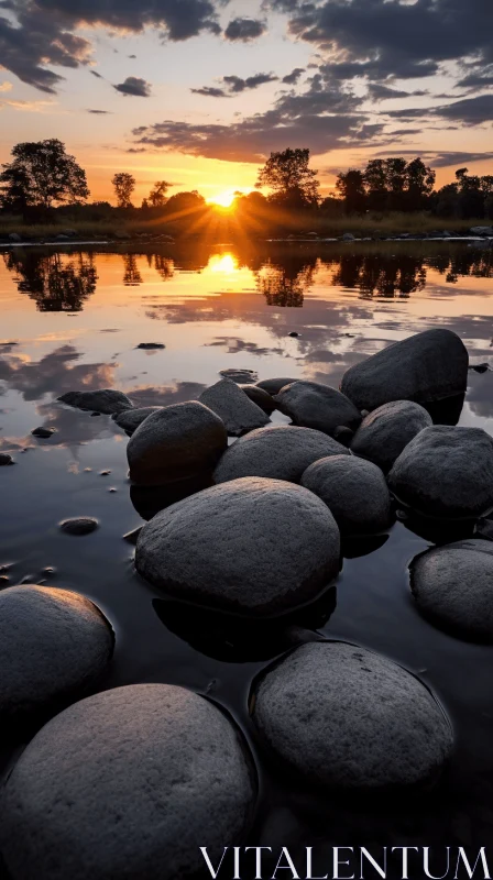 Captivating Sunset Reflections on Waterworn Rocks in a River AI Image