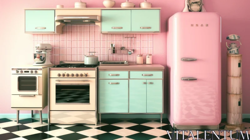 AI ART Charming Retro Kitchen in Pink and Blue | Delightful Interior Design