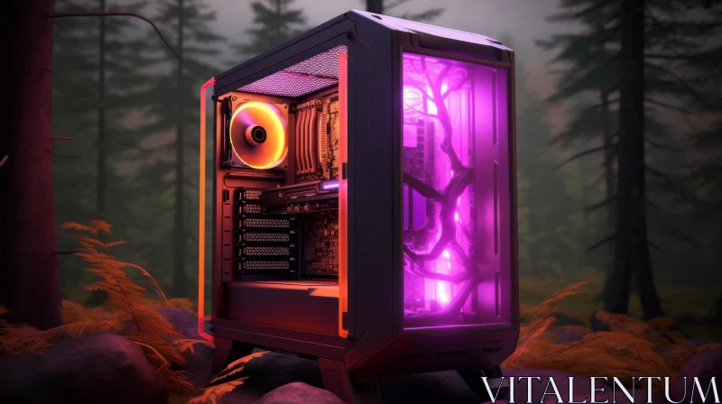 Glass-Sided Computer Case in Forest Setting AI Image