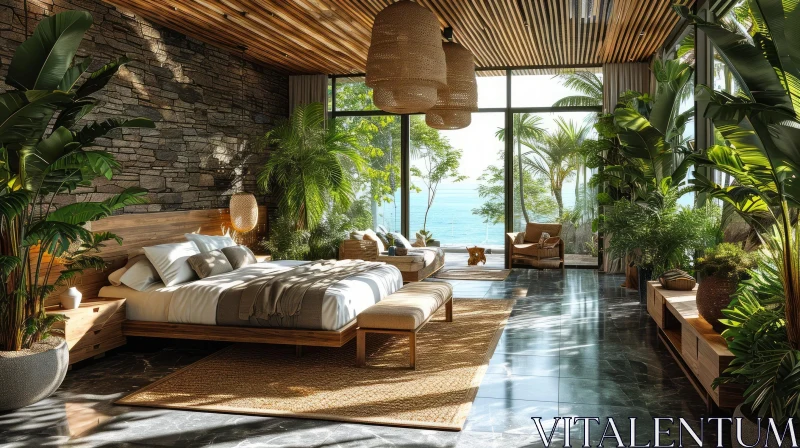 Modern Bedroom with Tropical Theme | 3D Rendering AI Image