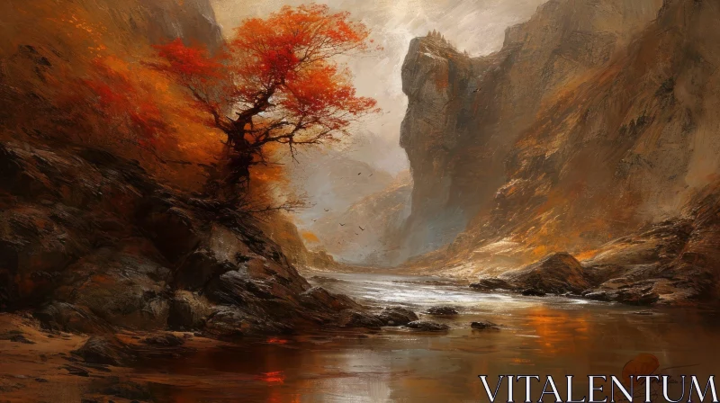 Mountain Valley Landscape Painting with River | Serene Nature Art AI Image