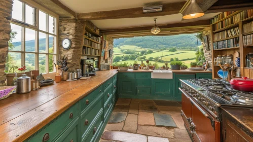 Scenic Kitchen with Valley View | Rustic Green Cabinets