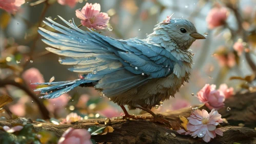 Serene Painting of Blue Bird on Cherry Blossom Branch