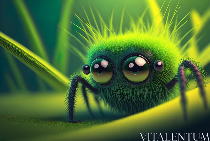 Cute Green Spider Sitting on Grass - Cartoon Realism AI Image