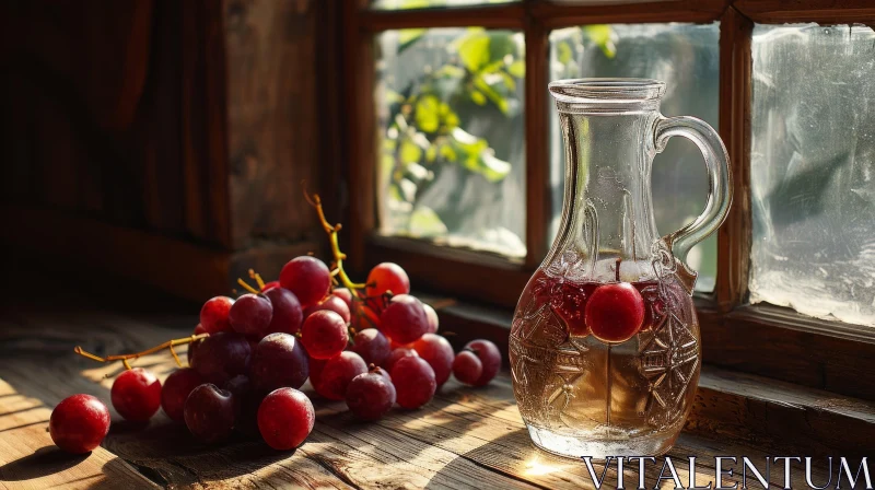 Glass Decanter of White Wine and Red Grapes | Still Life Photography AI Image