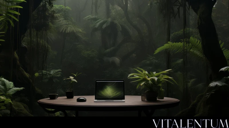 Laptop in Lush Jungle: Serene Contrast AI Image