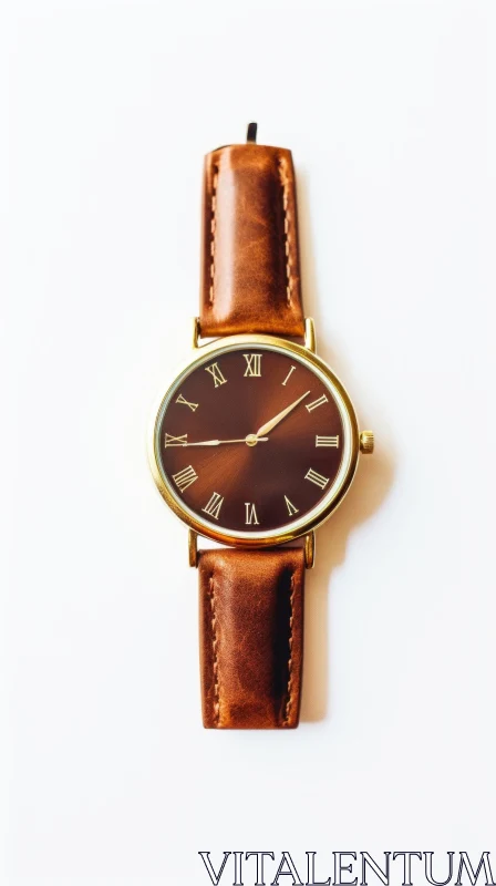 AI ART Luxurious Brown Leather Strap Wristwatch with Gold Case | Roman Numerals