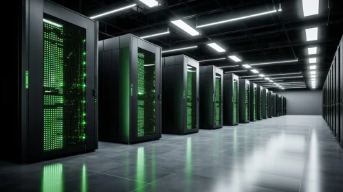 Modern Data Center with Server Racks and Green Lights