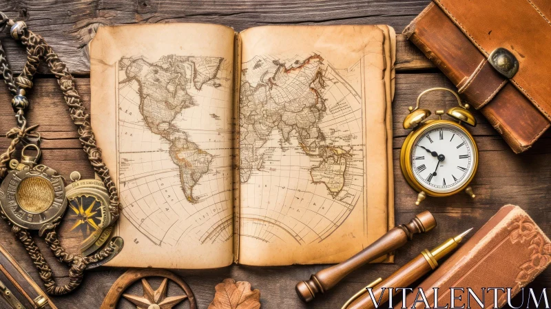 Vintage World Map with Compass, Clock, and Magnifying Glass on Wooden Background AI Image