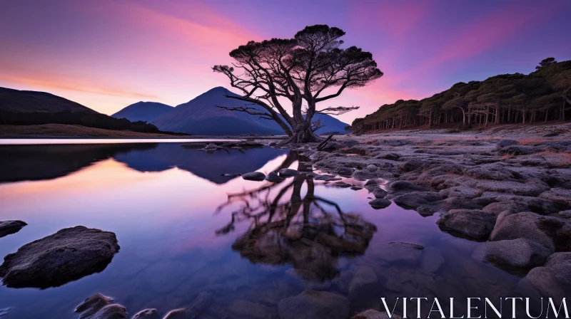 Captivating Tree at Sunset: A Serene Reflection on a Scottish Landscape AI Image