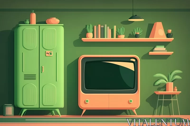 Charming Retro Living Room with Old TV, Green Wall, and Modern Plant AI Image