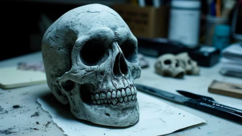 Close-up of a Realistic Human Skull on a White Table