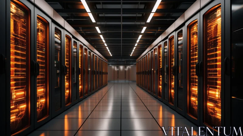 Modern Data Center Server Racks and Orange Lights AI Image