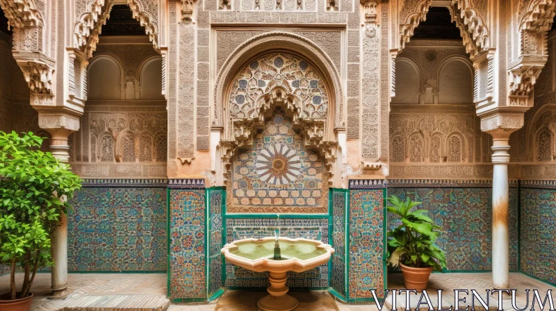 Serene Courtyard with Geometric Marble Fountain AI Image