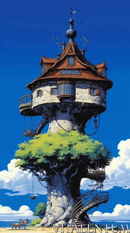 Captivating Anime Tree House with Realistic Blue Skies AI Image
