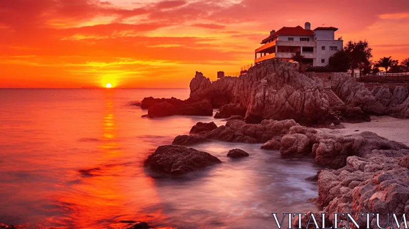 Captivating Sunset over the Ocean with Rocks and a House AI Image