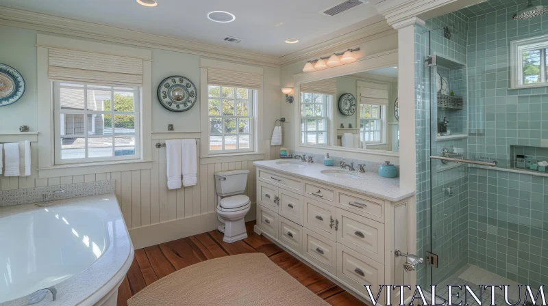 Coastal Bathroom Design: Large Bathtub, Double Vanity, and Shower AI Image