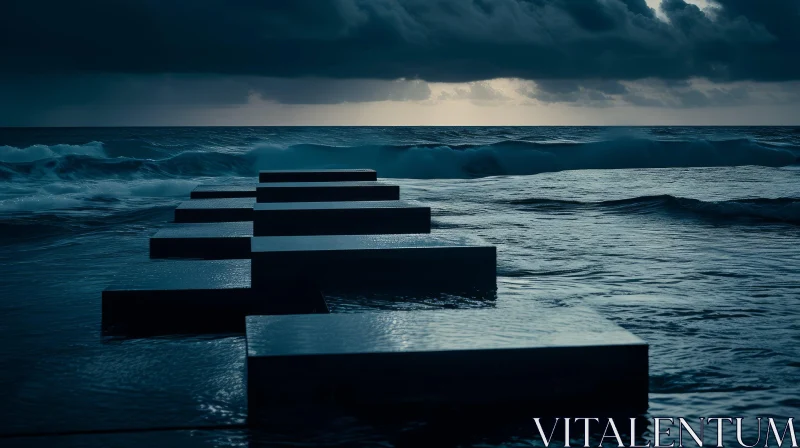 Dramatic Seascape with Concrete Blocks and Crashing Waves AI Image