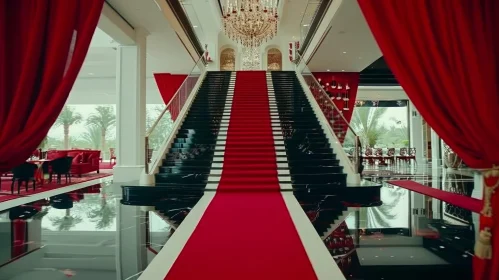 Elegant Grand Staircase with Red Carpet and Marble Columns