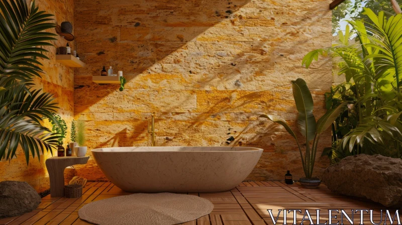 Natural Theme Bathroom - Beige Marble Bathtub - 3D Rendering AI Image