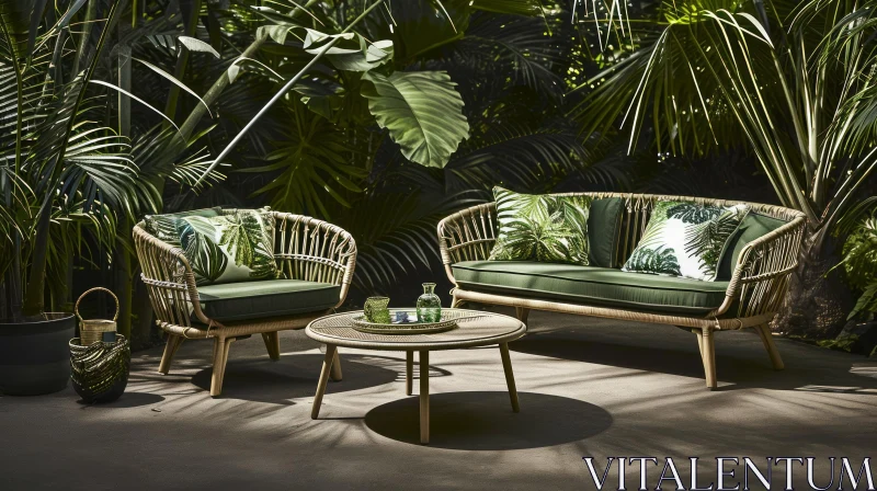 Outdoor Furniture in Lush Garden - Tropical Rattan Sofa and Armchairs AI Image