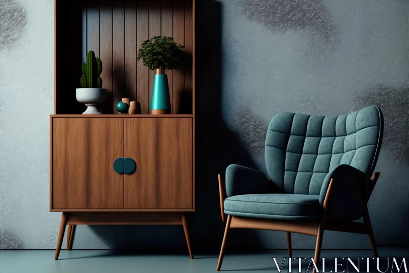 AI ART Retro Armchair and Wooden Cabinet in a Calming Living Room