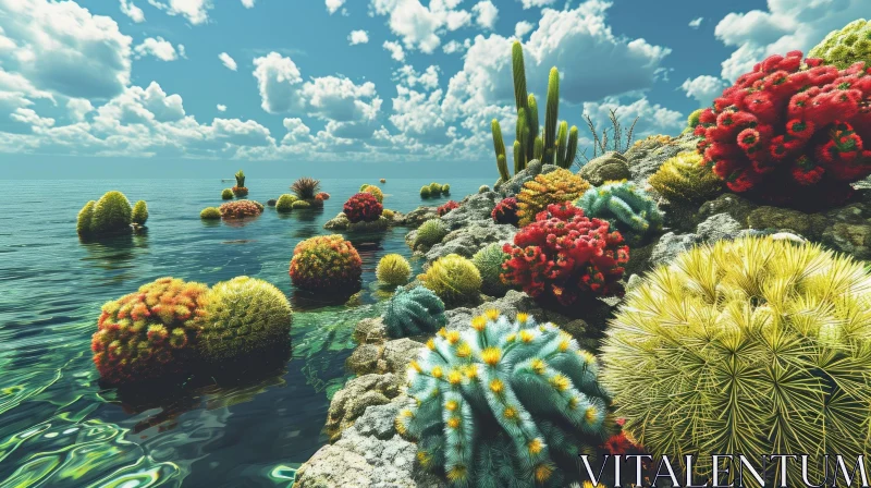 Surreal Landscape with Cacti and Crystal Clear Water AI Image
