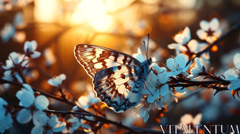 Delicate Butterfly on Flowering Tree Branch - Nature Artwork AI Image