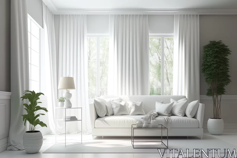 Elegant White Living Room with Flowing Draperies | Serene and Tranquil Scene AI Image