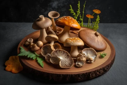 Exquisite Mushroom Composition on Wooden Tray - Dark Beige and Amber Palette