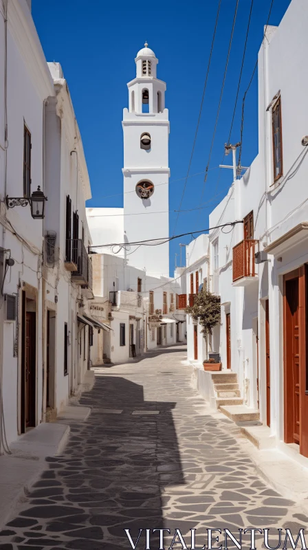 Greek Architecture: Tranquil Stone Street with White Buildings AI Image