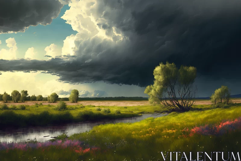 Lively Nature Scenes: A Digital Fantasy Landscape with Cloudy Sky AI Image