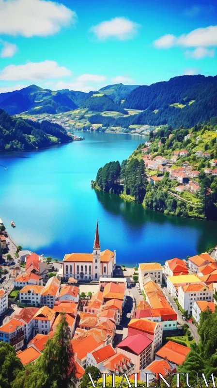 AI ART Serene Mountain Town on a Lake: Cross-Processed Image