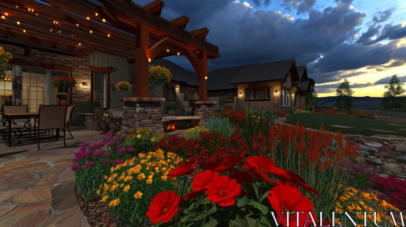 Tranquil 3D Rendering of a Serene Backyard with Patio, Pergola, and Fire Pit AI Image
