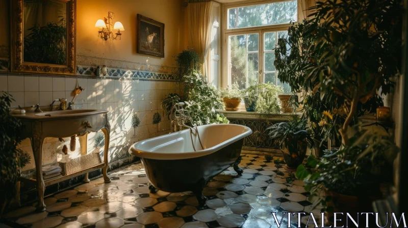 Vintage-Style Bathroom with Freestanding Bathtub and Plants AI Image