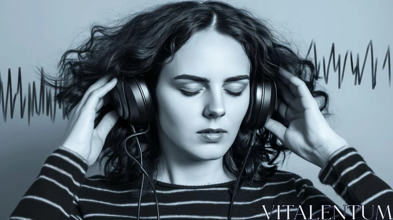Close-up Portrait of a Young Woman with Curly Hair and Headphones AI Image