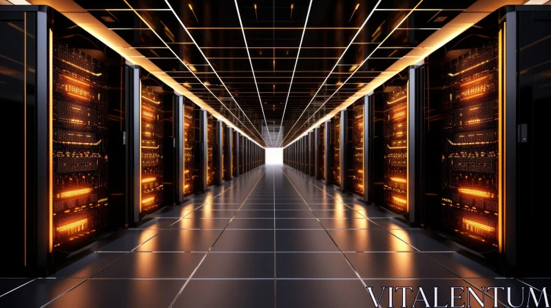 Dark Tech Corridor with Server Racks and Bright Lights AI Image