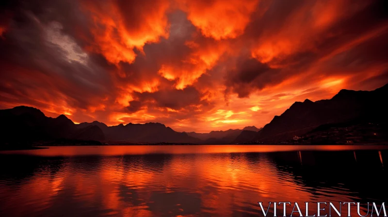 Fiery Red Sunset Over Tranquil Lake - Captivating Nature Photography AI Image