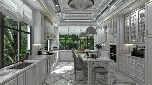 Luxurious Kitchen with White Marble Island and Gray Leather Chairs