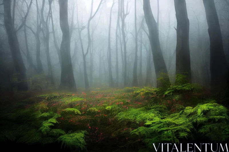 Misty Forest with Tall Trees and Ferns - Exotic Fantasy Landscapes AI Image